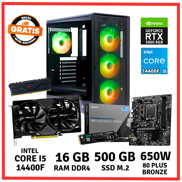 PC GAMER INTEL CORE I5 14400F/ 16GB DDR4/ 500GB/ RTX-5060 1