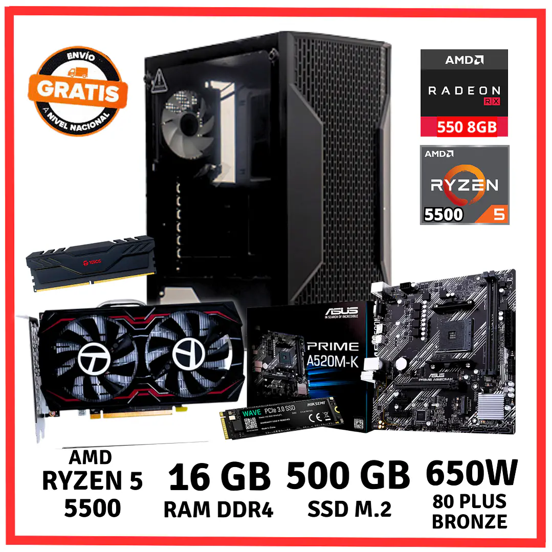PC GAMER AMD RYZEN 5-5500/ 16GB DDR4/ 500GB/ RX-550 1