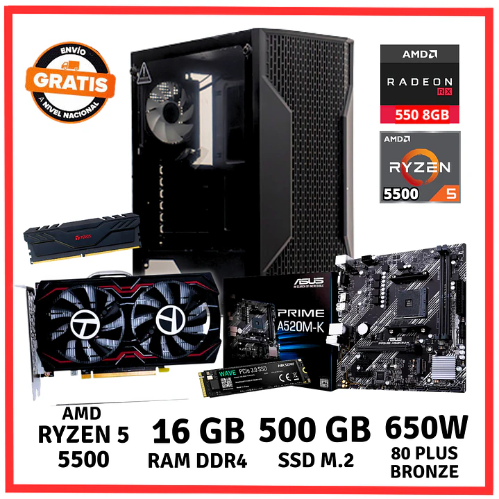 PC GAMER AMD RYZEN 5-5500/ 16GB DDR4/ 500GB/ RX-550 1