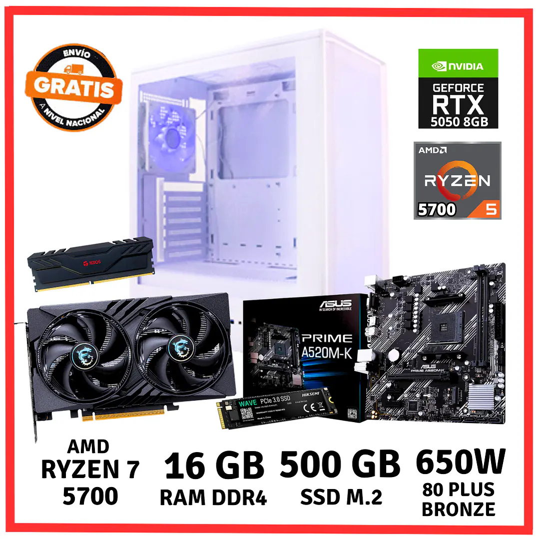PC GAMER AMD RYZEN 7-5700/ 16GB DDR4/ 500GB/ RTX-5050 1
