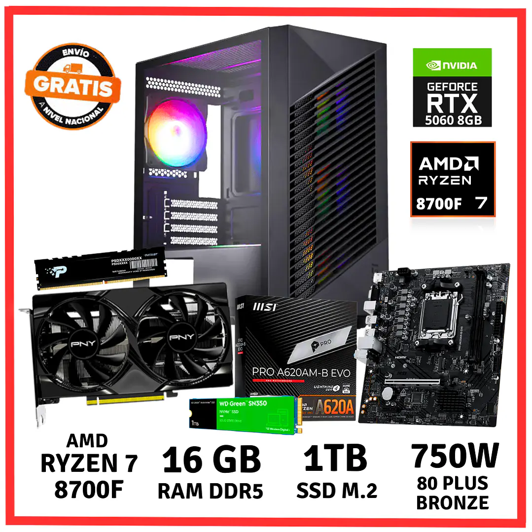 PC GAMER AMD RYZEN 7-8700F/ 16GB DDR5/ 1TB/ RTX-5060 1