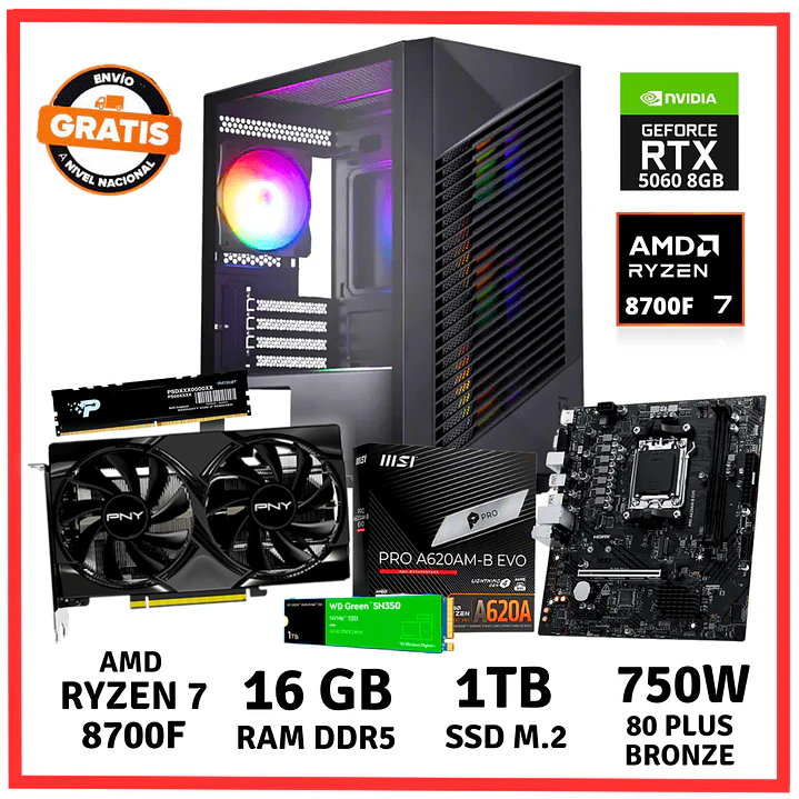 PC GAMER AMD RYZEN 7-8700F/ 16GB DDR5/ 1TB/ RTX-5060 1