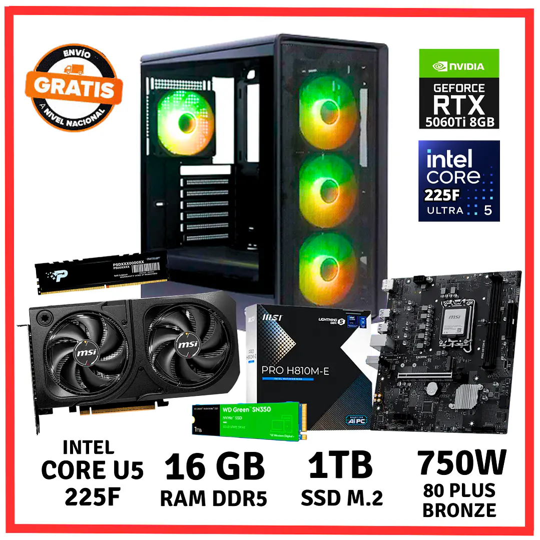 PC GAMER INTEL CORE ULTRA 5-225F/ 16GB DDR5/ 1TB/ RTX-5060Ti 1