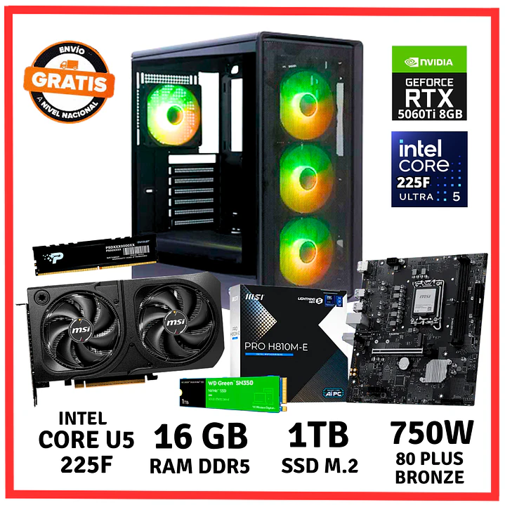 PC GAMER INTEL CORE ULTRA 5-225F/ 16GB DDR5/ 1TB/ RTX-5060Ti 1