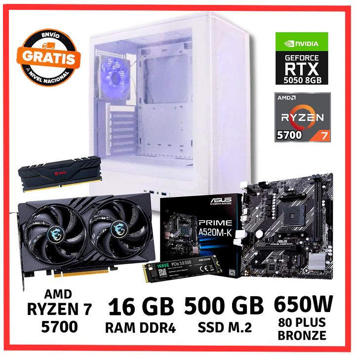 PC GAMER AMD RYZEN 7-5700/ 16GB DDR4/ 500GB/ RTX-5050 1