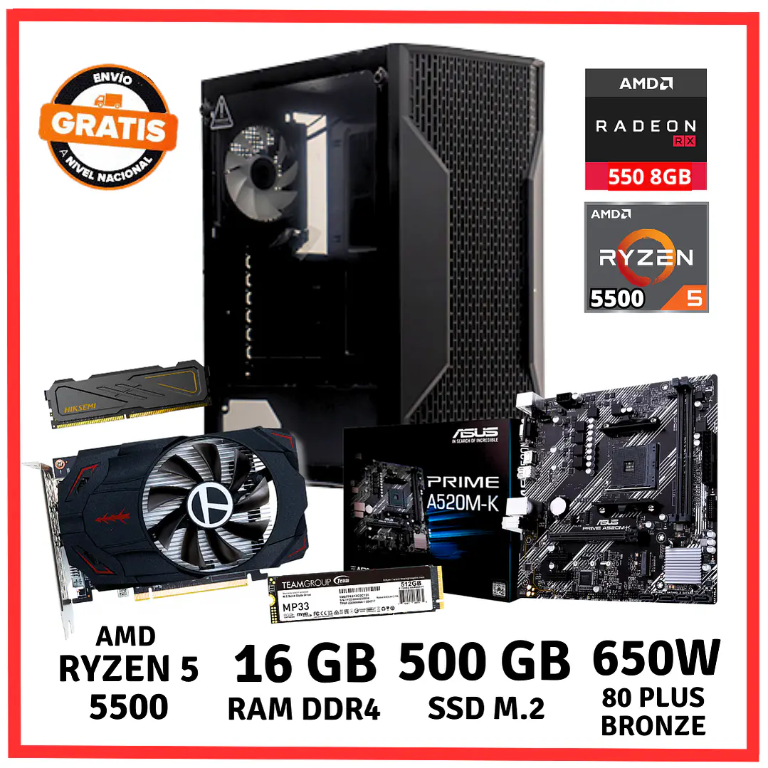 PC GAMER AMD RYZEN 5-5500/ 16GB DDR4/ 500GB/ RX-550 1