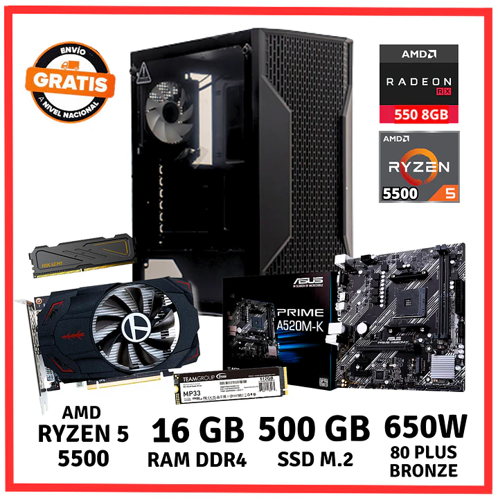 PC GAMER AMD RYZEN 5-5500/ 16GB DDR4/ 500GB/ RX-550 1