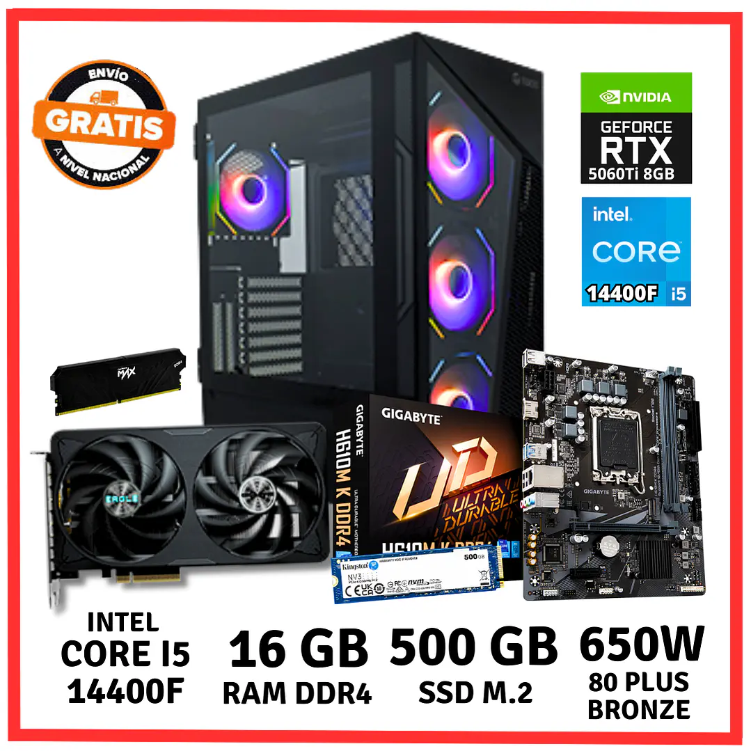 PC GAMER INTEL CORE I5 14400F/ 16GB DDR4/ 500GB/ RTX-5060TI 1