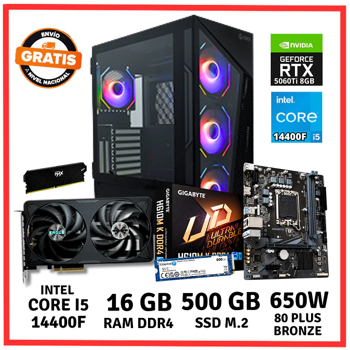 PC GAMER INTEL CORE I5 14400F/ 16GB DDR4/ 500GB/ RTX-5060TI 1