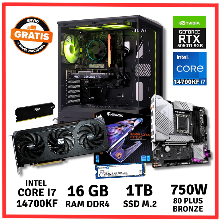 PC GAMER INTEL CORE I7 14700KF/ 16GB DDR4/ 1TB/ RTX-5060TI 1