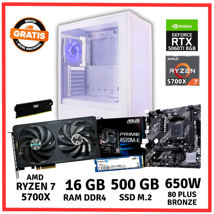 PC GAMER AMD RYZEN 7-5700X/ 16GB DDR4/ 500GB/ RTX-5060TI 1