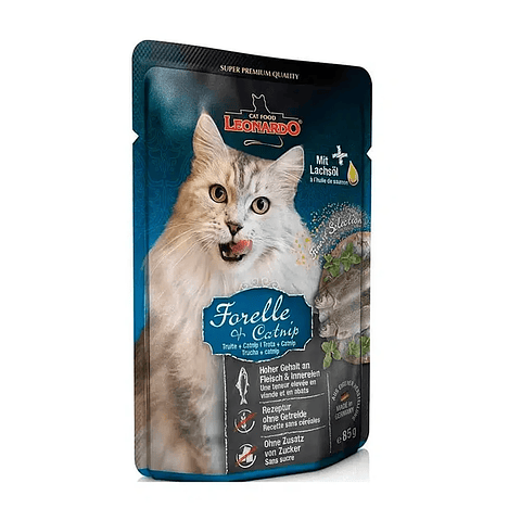 Leonardo Trucha y Catnip 85 g - Alimento Completo Para Gatos con Hierba Gatera