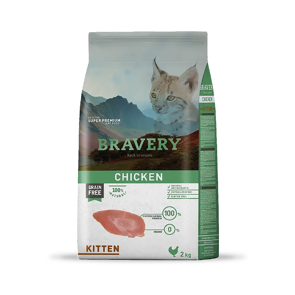 Bravery Chicken Kitten 2 kg - Alimento Gatos Cachorros Pura Carne de Pollo