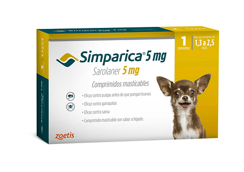 Simparica 5 mg 1,3-2,5 kg - Antipulgas Garrapatas y Ácaros de la Sarna 