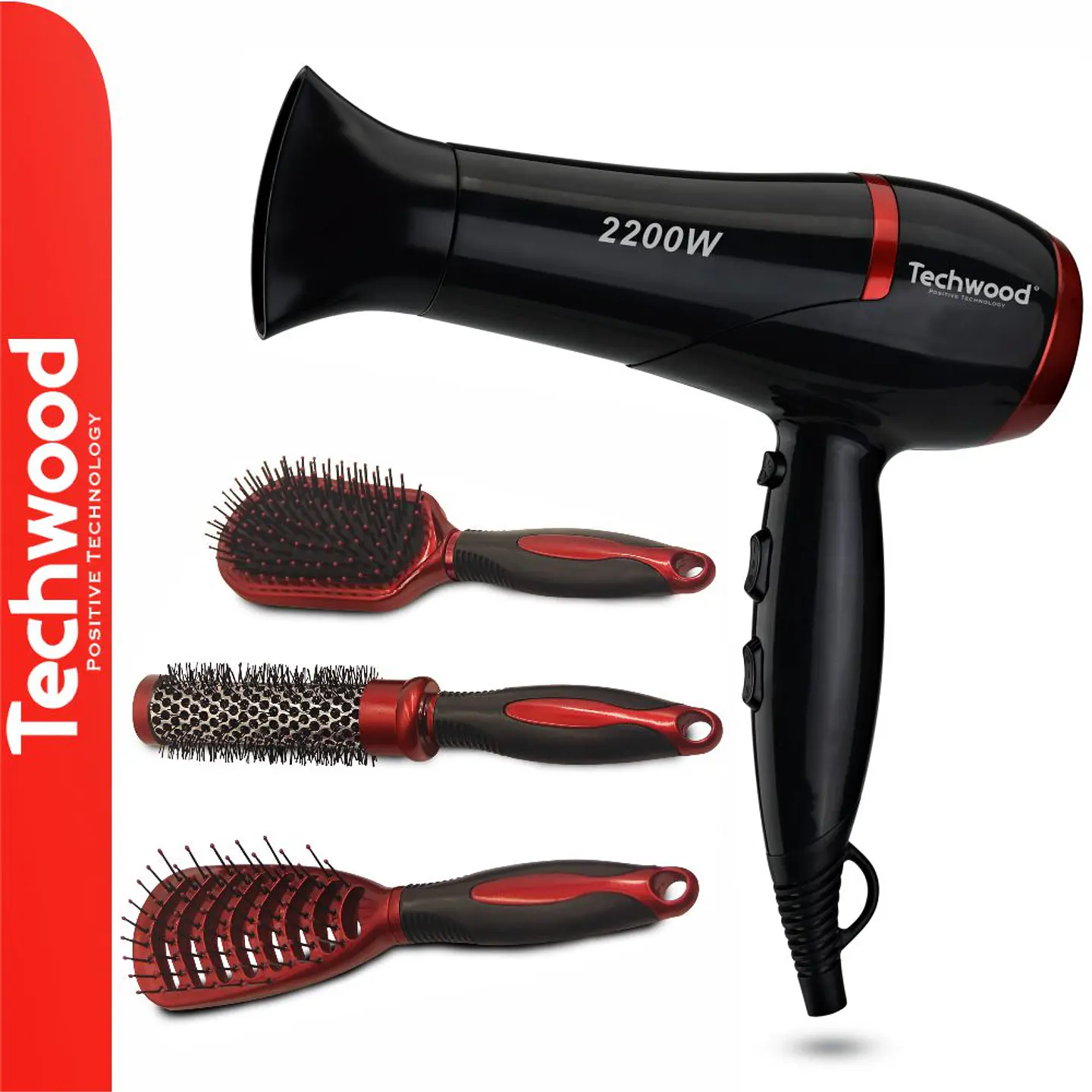 Conjunto Secador e Escovas de Cabelo 2200W TECHWOOD 1