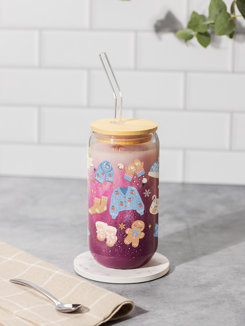 Vaso Vidrio Bamboo y bombilla Cozy Xmas 