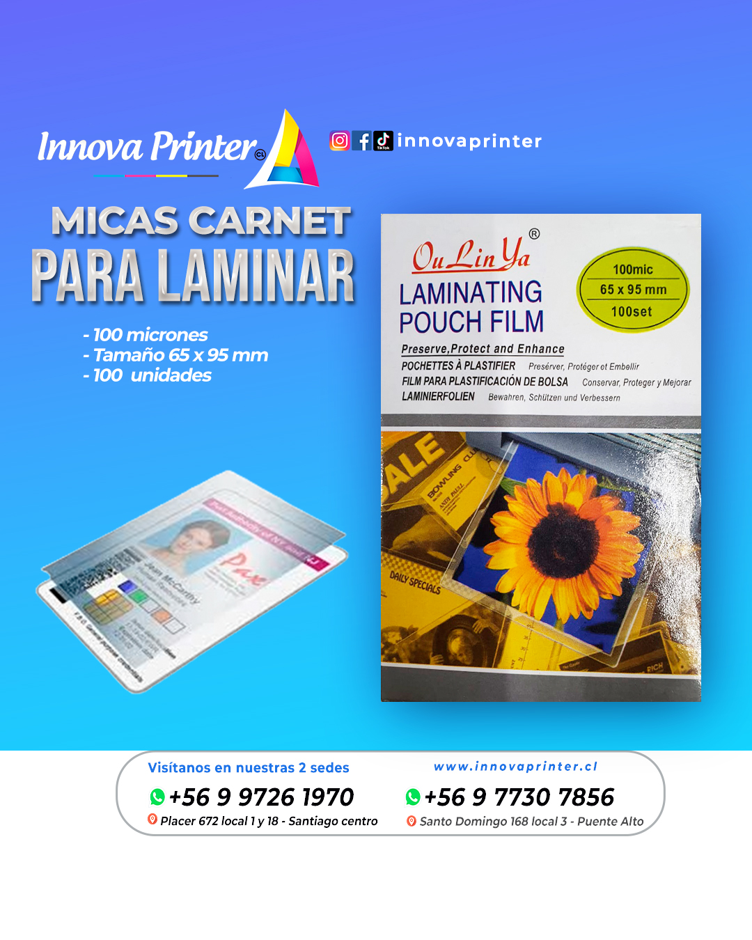 100 Micas Laminas Termolaminadora Carnet 80704