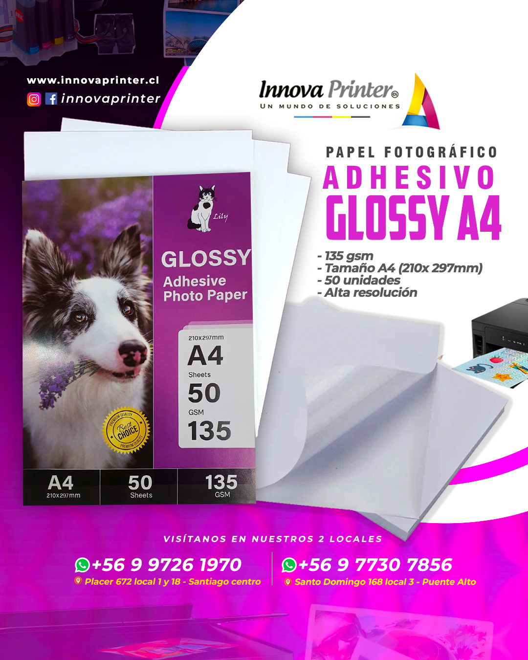 Papel Adhesivo Glossy A4 / 135g / 50 Hojas / Marca IMPRINK