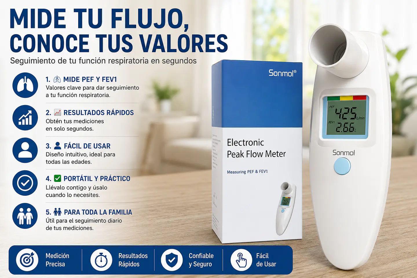 Espirómetro Digital Portátil | Medidor de Flujo Respiratorio PEF y FEV1 1