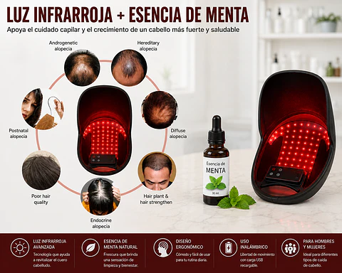 Terapia de Luz Roja Infrarroja 850nm para Cabello + Esencia de Menta | Cuidado Capilar InnovaTek