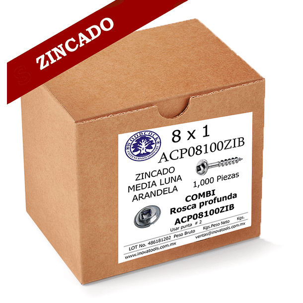 Tornillo Con Arandela 8 x 1 ZINC Caja 1,000 Piezas 1