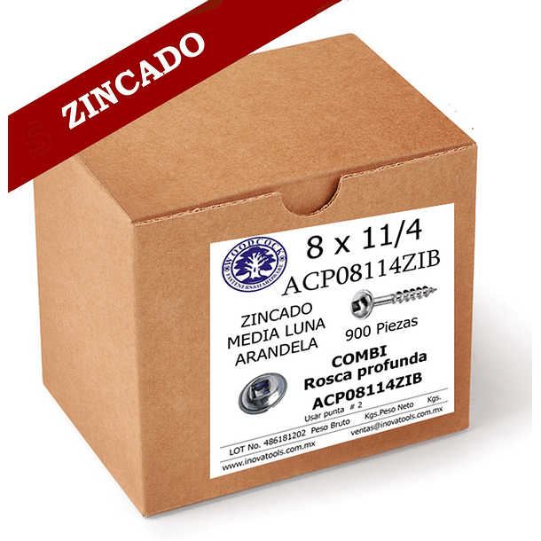 Tornillo Con Arandela 8 x 1 1/4 ZINC Caja 900 Piezas 1