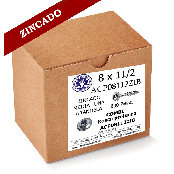 Tornillo Con Arandela 8 x 1 1/2 ZINC Caja 800 Piezas 1
