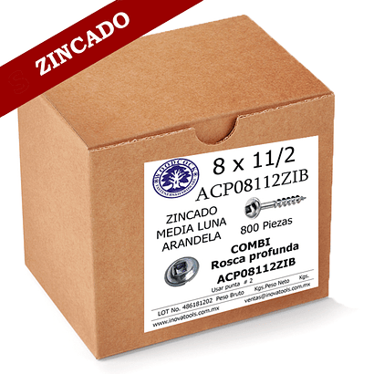 Tornillo Con Arandela 8 x 1 1/2 ZINC Caja 800 Piezas