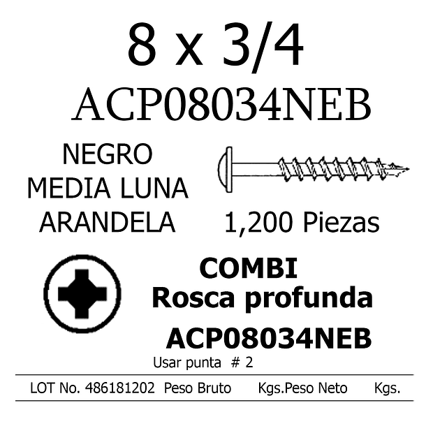 Tornillo Con Arandela 8 x 3/4  Negro Caja  1,200 Piezas 2