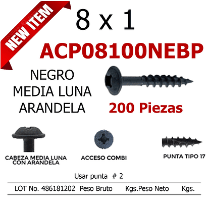 Caja  200 PIEZAS Tornillo Con Arandela 8 x 1  Negro 