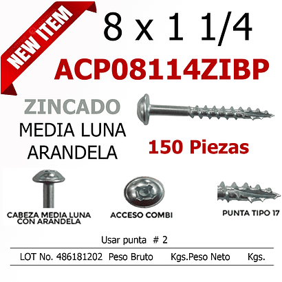 Caja  150 PIEZAS Tornillo Con Arandela 8 x 1 1/4  ZINCADO