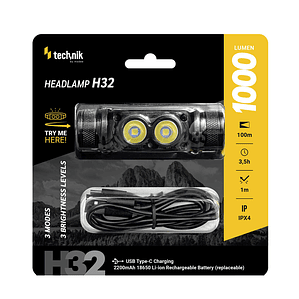 LANTERNA DE CABEÇA H32 (+1x18650) OSRAM P9 + USB-C (1000 lúmens)