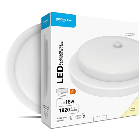 APLIQUE EXTERIOR REDONDO C/ SENSOR MOVIMENTO 18W 4000K (D195X45MM) IP65+PIR 1820LUMENS WHITE 1