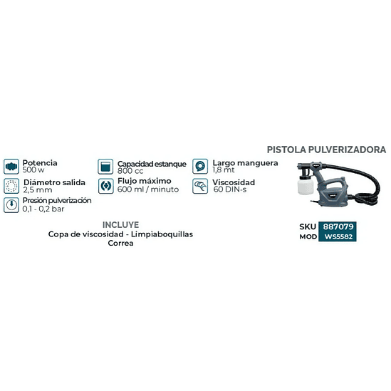 Pistola para Pintar Baja Presión 600ml/min 500W WS5582 2