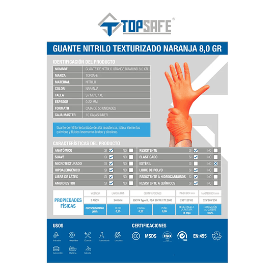 Guante de Nitrilo Naranja Texturizado 8g (50 unidades)