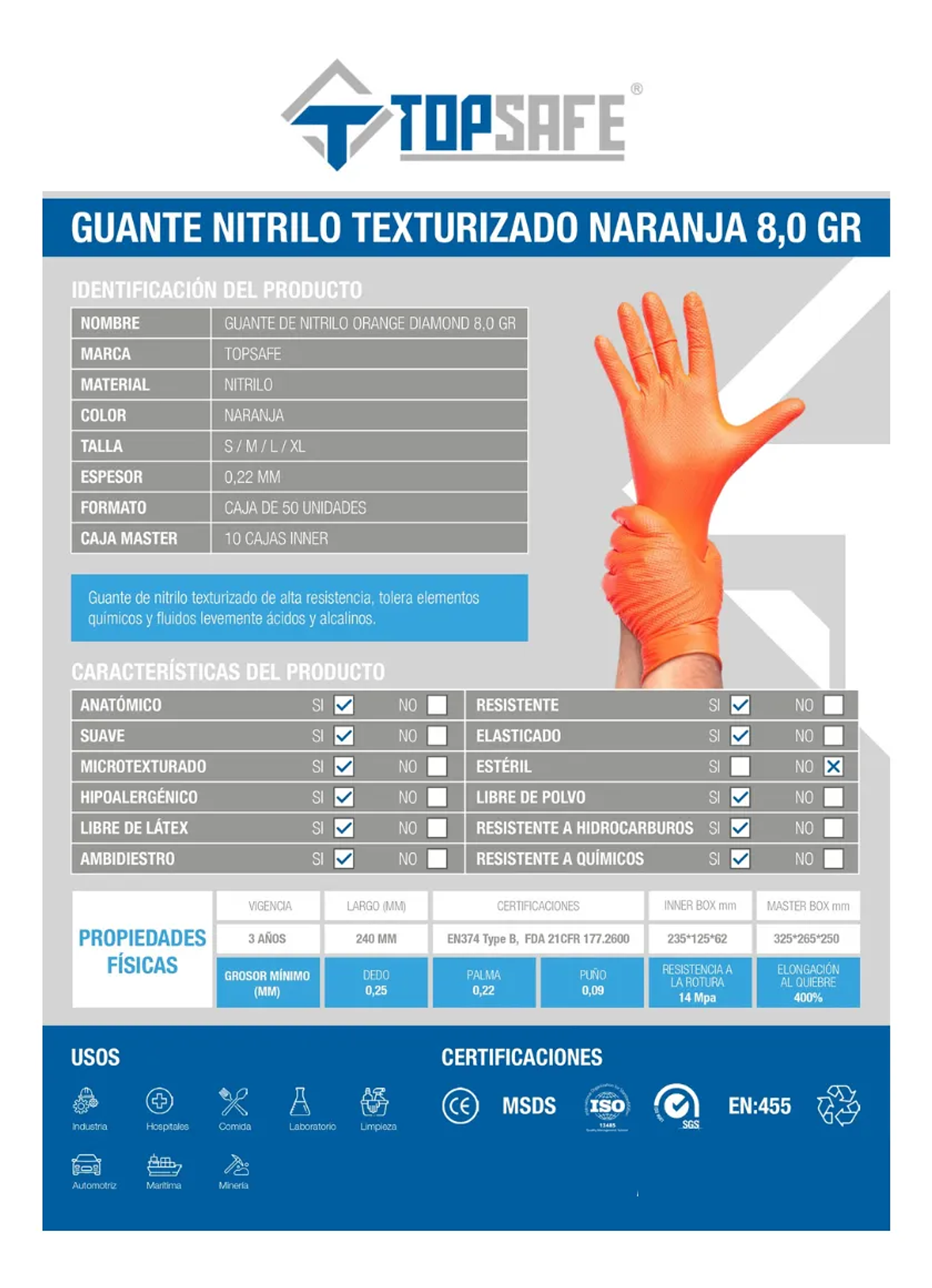 Guante de Nitrilo Naranja Texturizado 8g (50 unidades) 6