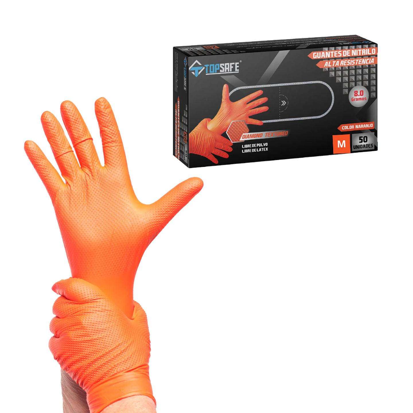 Guante de Nitrilo Naranja Texturizado 8g (50 unidades) 2