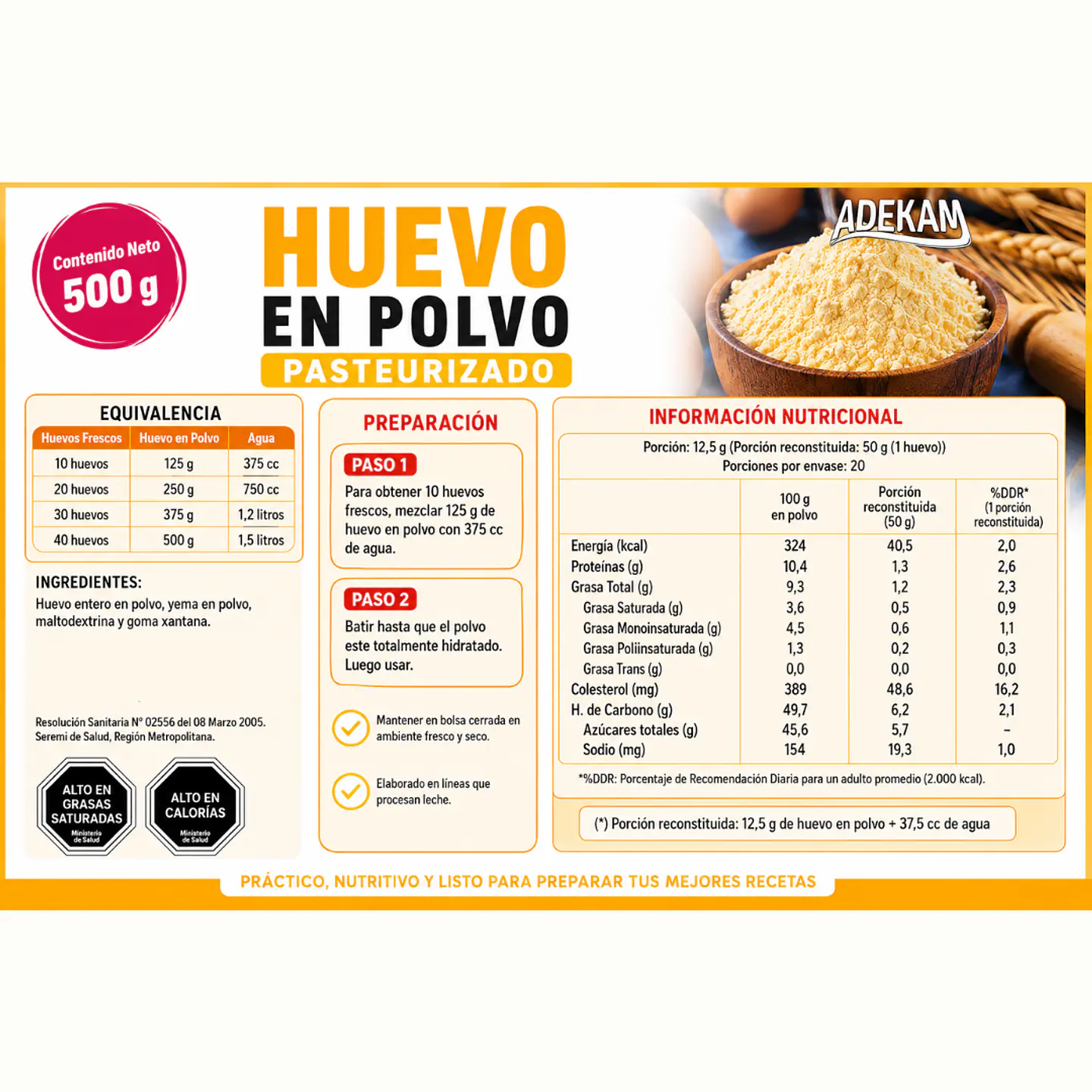 Huevo En Polvo Pasteurizado Premium Adekam Bolsa 500g 3