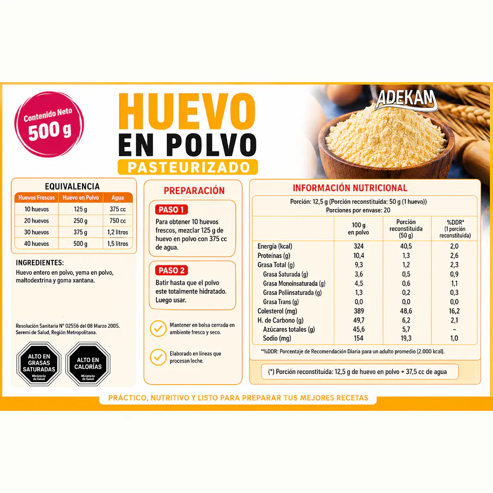 Huevo En Polvo Pasteurizado Premium Adekam Bolsa 500g 3