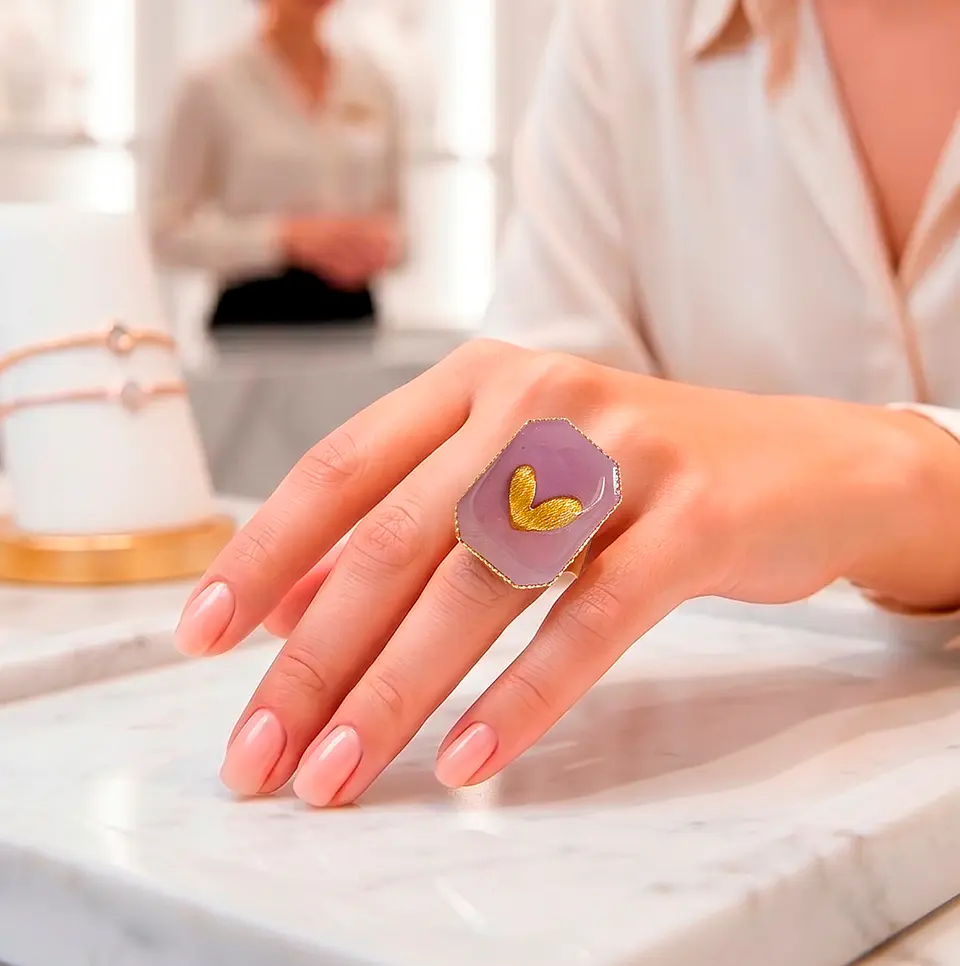 Anillo Rectangular Corazón • Baño de Oro 1