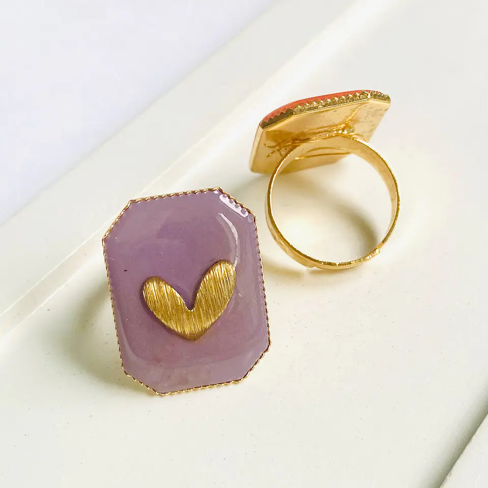 Anillo Rectangular Corazón • Baño de Oro 5