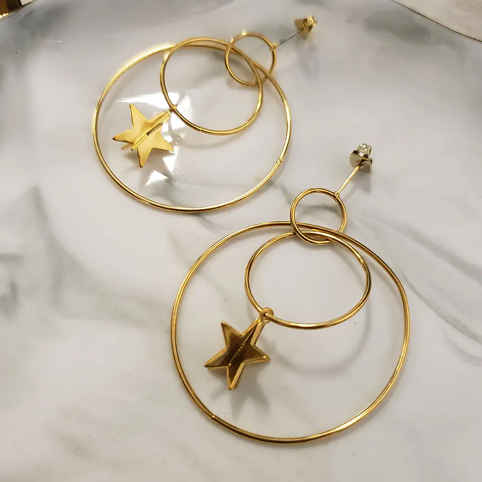 Arete Doble Aro y Estrella • Baño de Oro • 39x49 mm 2