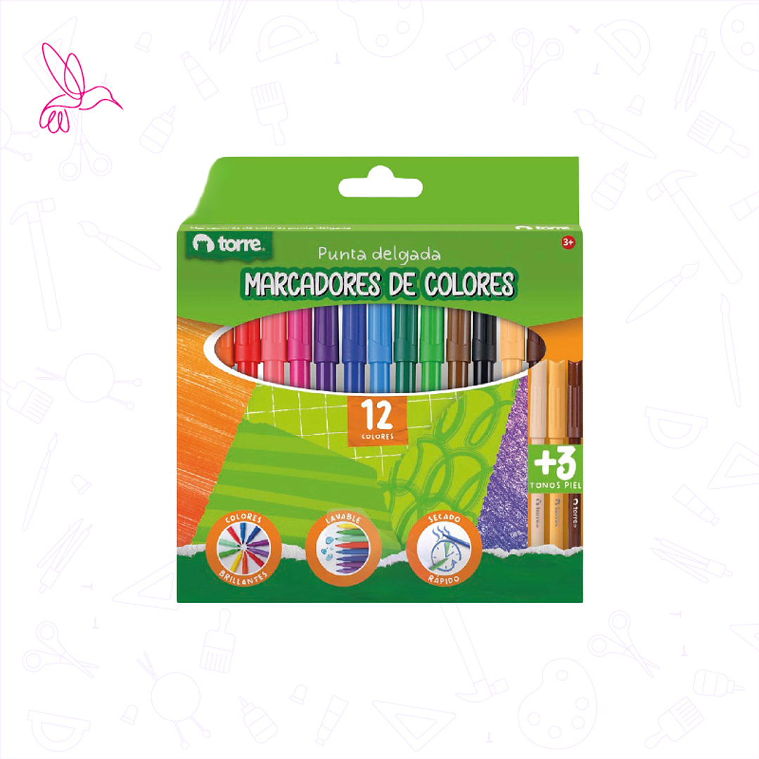 SET DE 12 PLUMONES MARCADORES DE COLORES TORRE  1