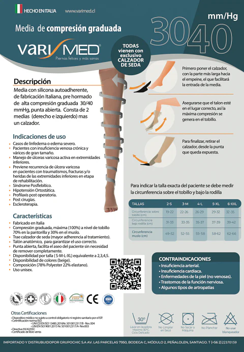 Media compresión graduada 30-40 mmHg  punta abierta con calzador
