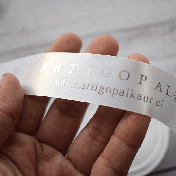 Cinta Satín/Raso personalizada con estampado plateado 17