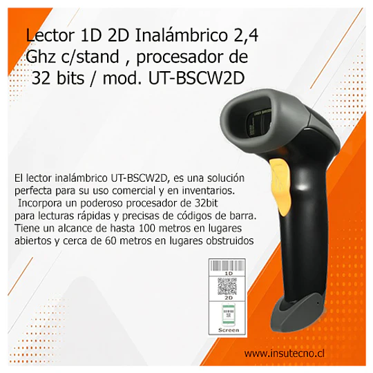 Lector 1D 2D Inalámbrico 2,4 Ghz c/stand , procesador de 32 bits / mod. UT-BSCW2D