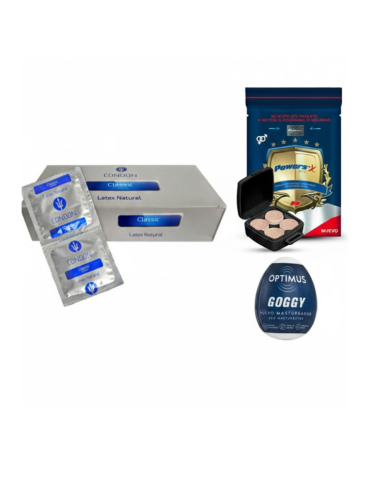Kit Masturbador Goggy + Pastillas Power Sex + Condones 4u 1
