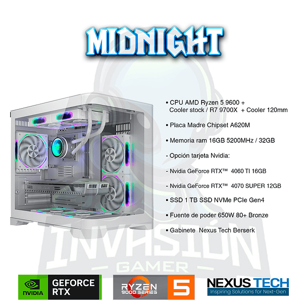 PC Gamer MIDNIGHT AMD Ryzen 5 9600 + Nvidia RTX 4060 Ti 16GB  2