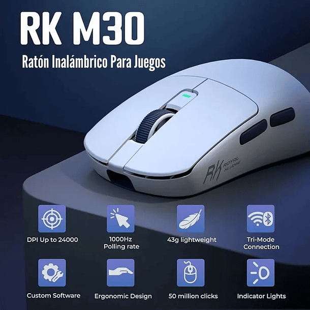 Mouse Gamer RK M30 White Blue | 3 Modos, 12.000 DPI, Sensor PAW3311 3