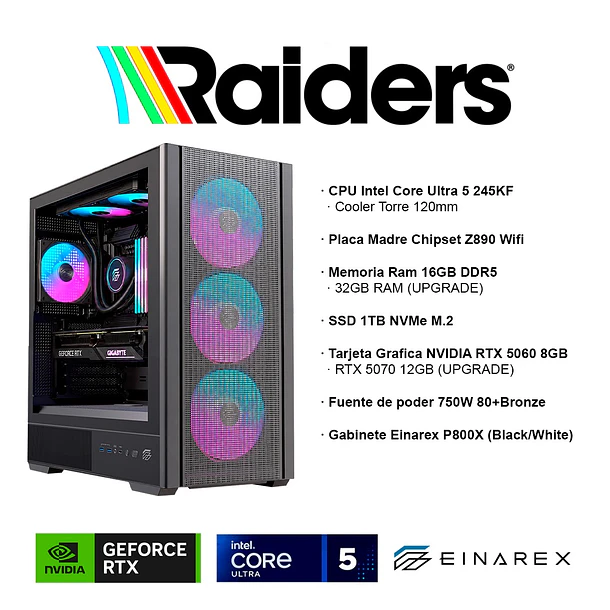 PC Gamer Raiders, intel core ultra 5 245kf + nvidia rtx™ 5060 8gb / 5070 12gb 2